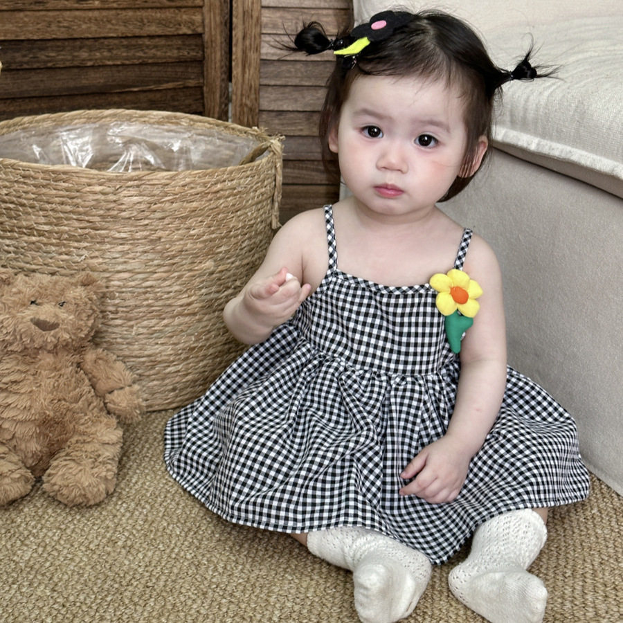 夏季女宝宝衣服甜美花朵格子吊带包屁衣婴儿薄款连体衣小裙子夏款