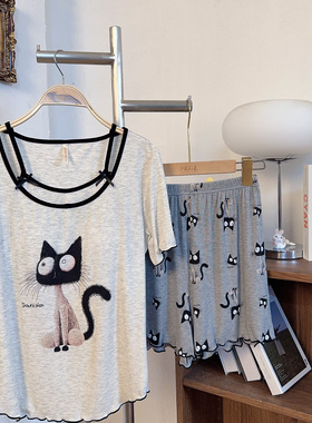 猫咪短袖~带胸垫卡通薄款女士夏套装~H006