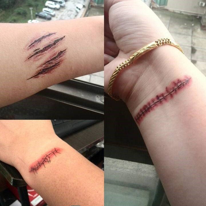 一套8张不同图仿真i伤疤纹身贴防水持久恐怖化妆男女