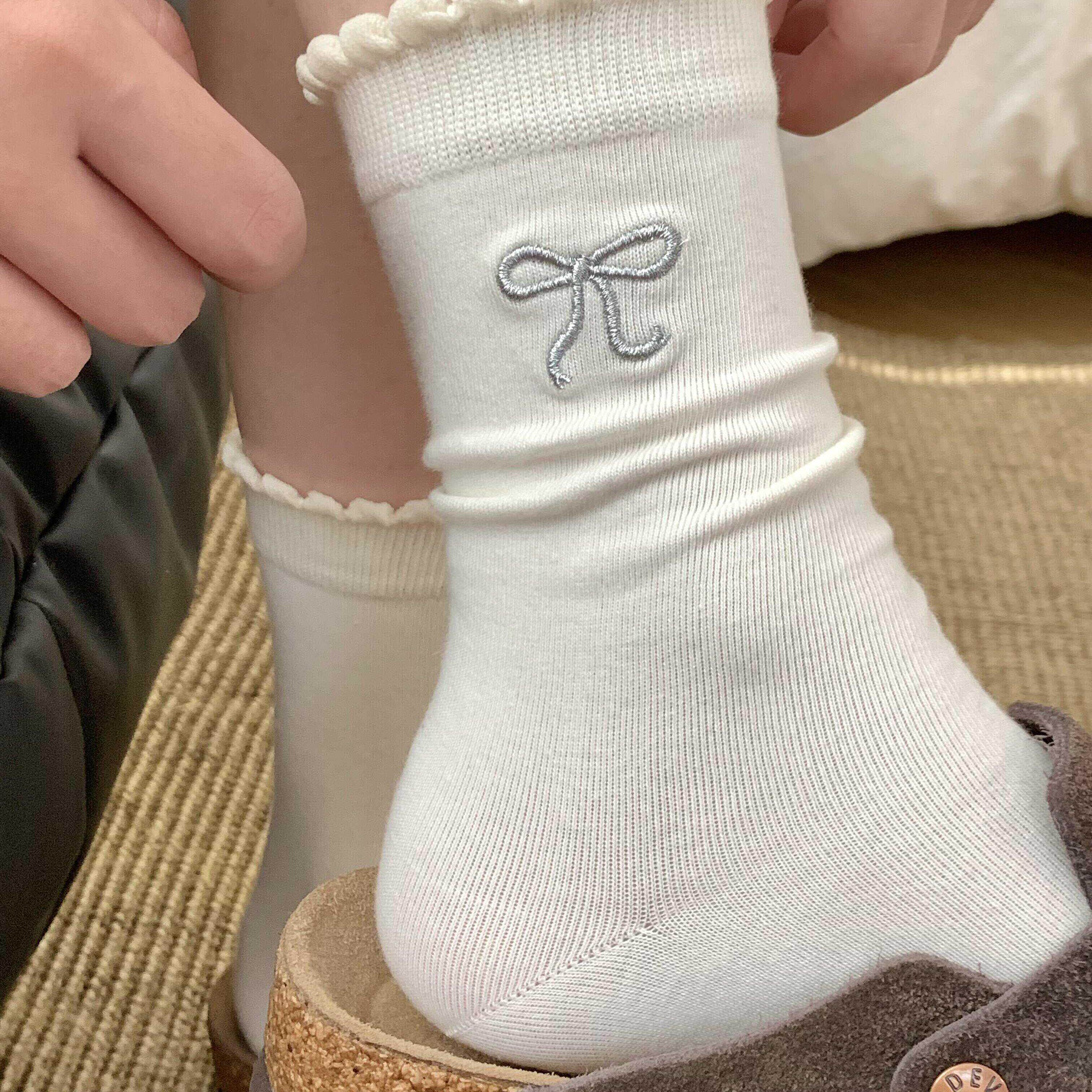 袜子女春秋季纯色卷边可爱俏皮花边中筒堆堆少女奶油色系月子袜