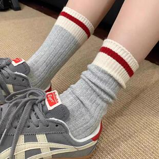 复古并线条纹粗针袜子撞色毛线男女纯棉中筒袜堆堆袜日系ins