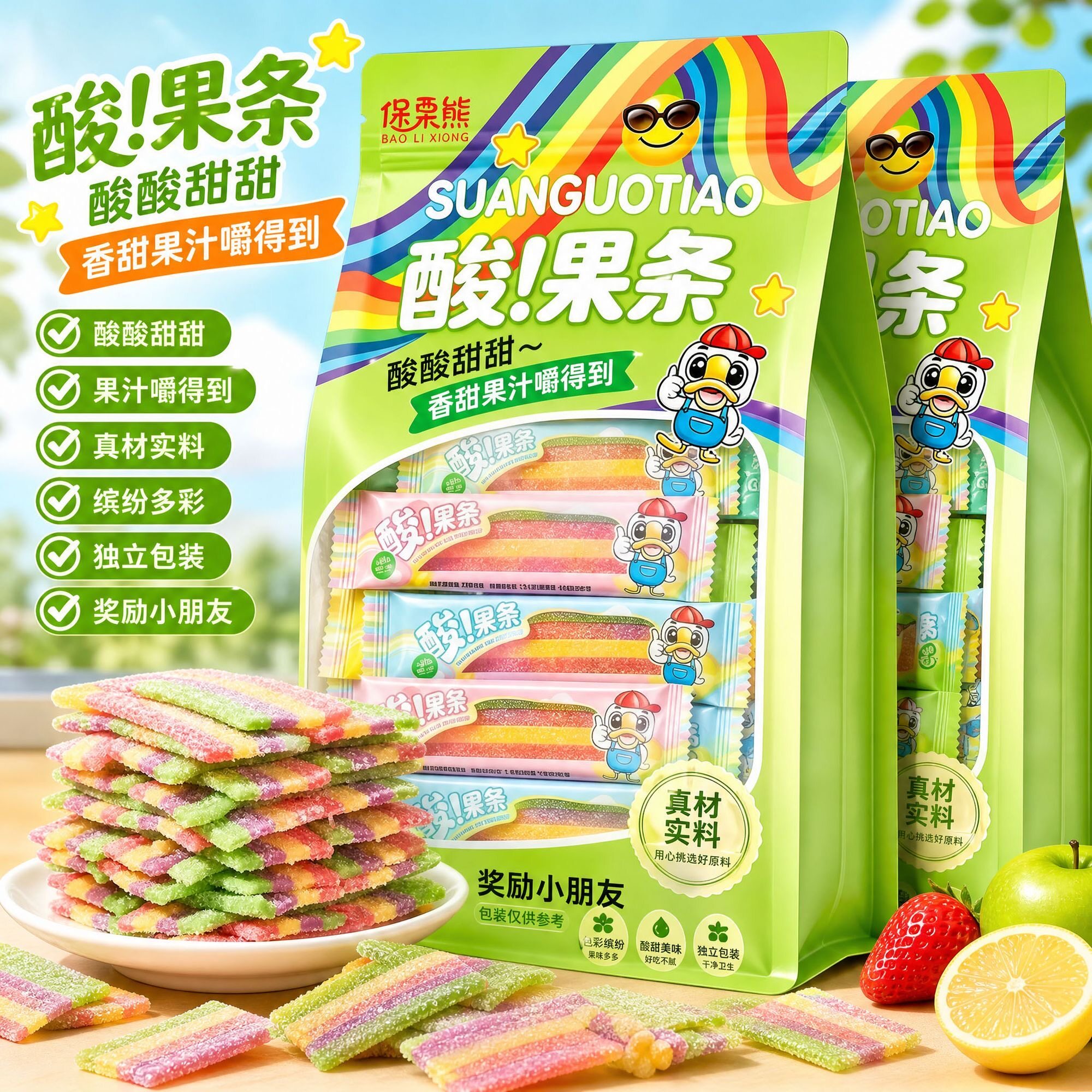 彩虹酸条软糖独立包装添加果汁网红酸果条长条酸甜糖果休闲零食