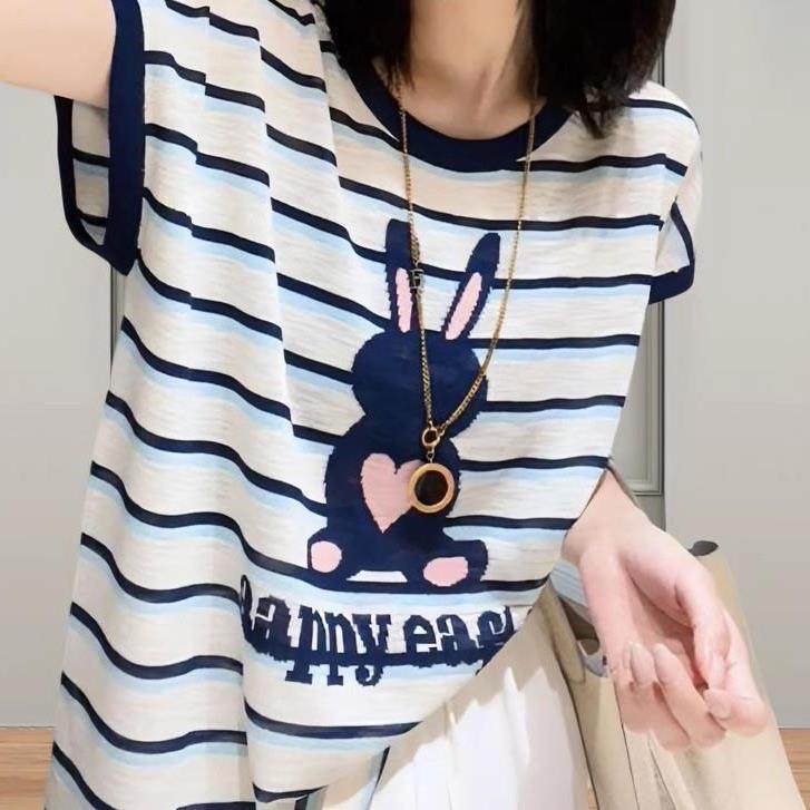 竹节棉条纹女士短袖t恤衫2025夏季新款洋气减龄百搭休闲半袖上衣