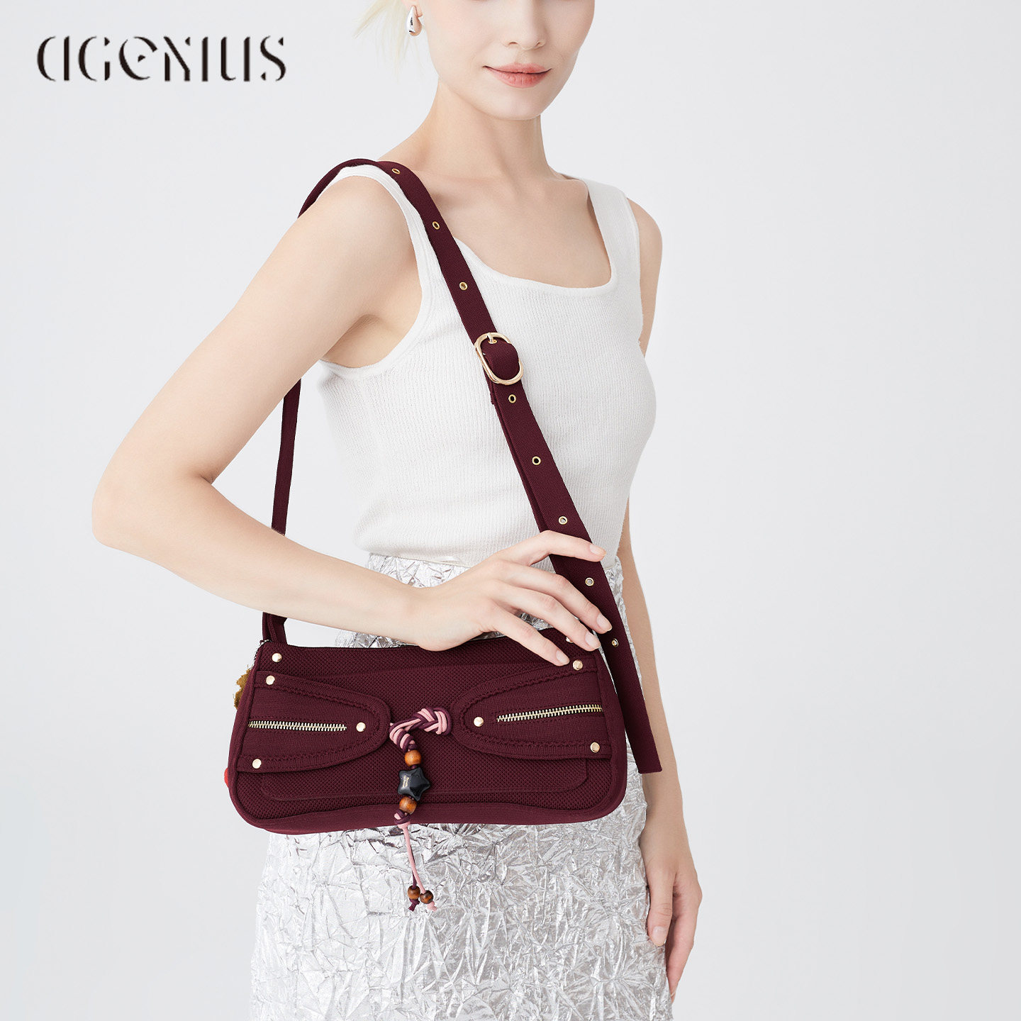 DGENIUS原创红色斜挎小方包小众高级感编织包包女精致通勤单肩包