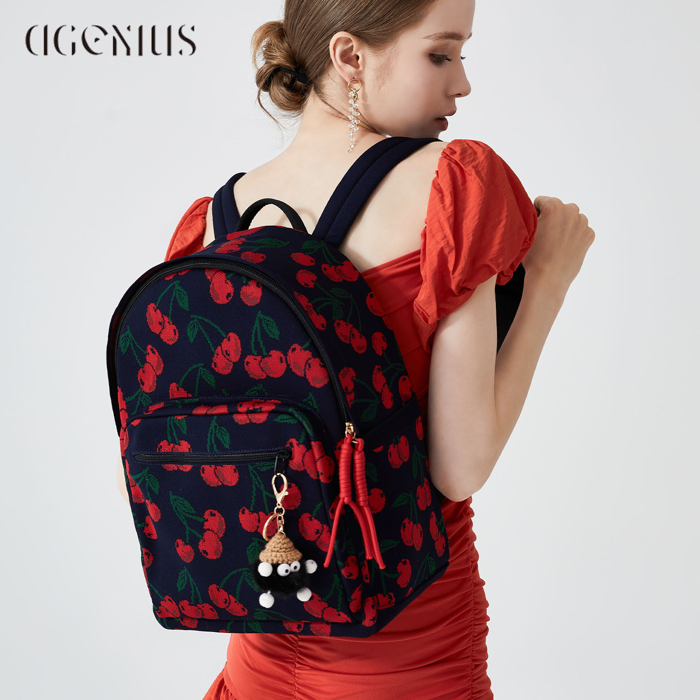 DGENIUS原创欧美大容量双肩包女生2026新款樱桃编织书包旅行背包