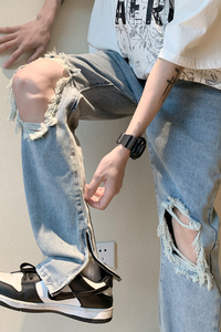 XZ409-1-K634-P55 春夏新款膝盖破洞小脚修身牛仔裤男（控68）图片