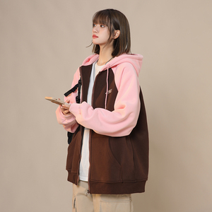 XZ409-1-Y03-P70 秋季复古插肩袖卫衣开衫连帽宽松外套女（控88）图片
