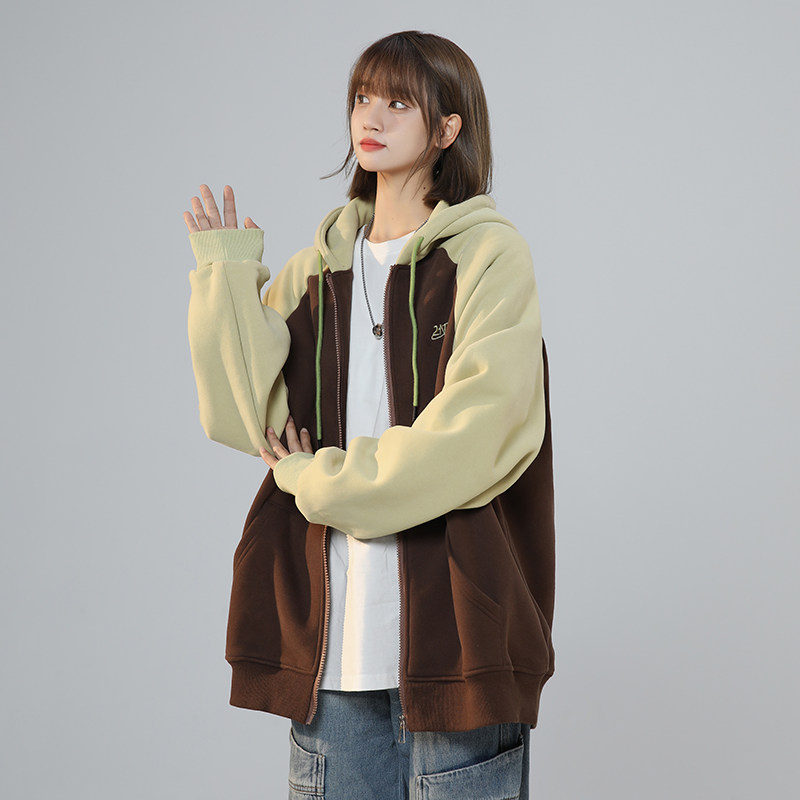 XZ409-1-Y03-P70 秋季复古插肩袖卫衣开衫连帽宽松外套女（控88）图片