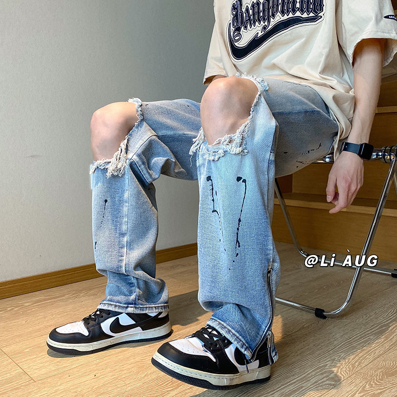 XZ409-1-K640-P60夏季新款破洞小脚牛仔裤男（控75）,男装牛仔裤,星座1514