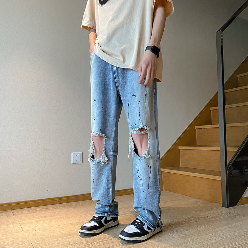 XZ409-1-K640-P60裤脚拉链设计膝盖破洞牛仔裤（控75）,男装牛仔裤,星座1514