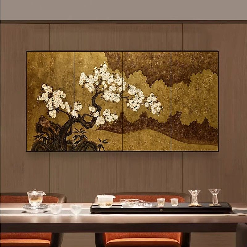 中式复古金箔定制屏风挂画客厅书房手绘漆画挂屏装饰画茶室背景墙