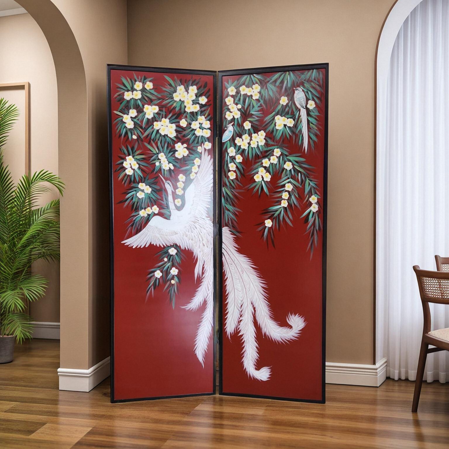 法式凤凰花鸟屏风折移动隔断新古典手绘摆件酒店客厅玄关隔断折屏