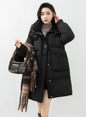 羽绒服中长款女士连帽宽松时尚百搭休闲羽绒服YHF211562G