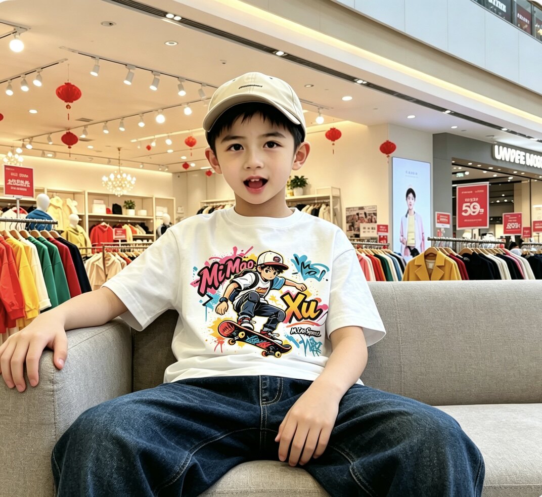 男童短袖T恤 白色夏季2026新款大童滑板印花纯棉圆领宽松潮流上衣