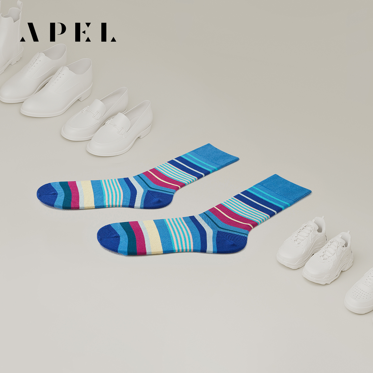 APEL丝光匹马棉条纹情侣中筒棉袜