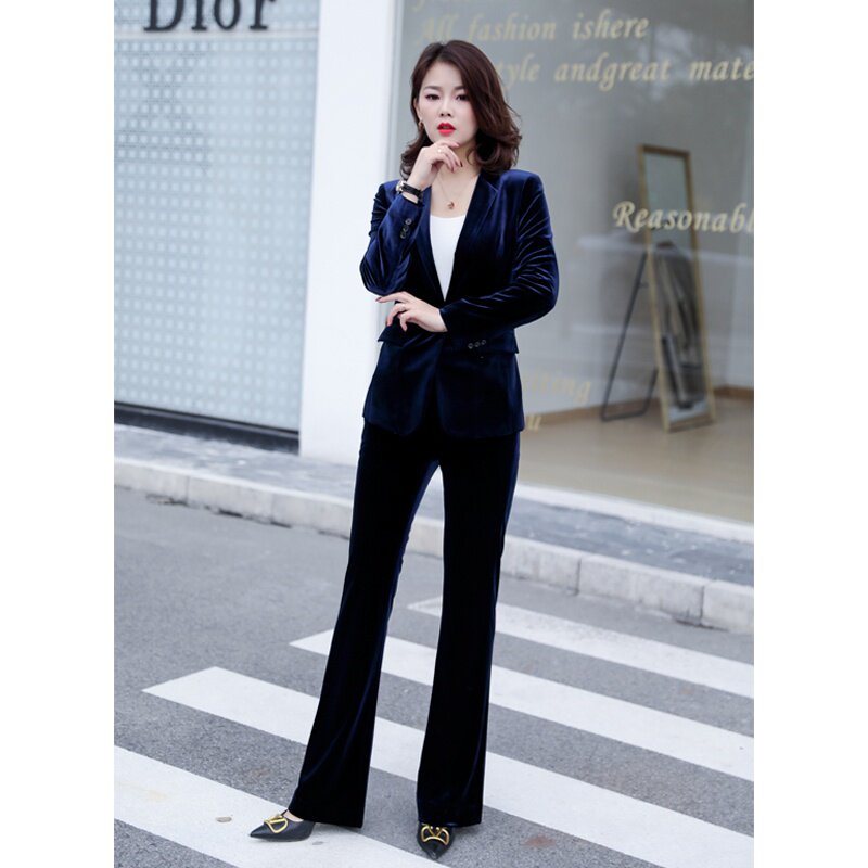 2021春季新款时尚金丝绒西装套装女大码韩版显瘦帅气小西服两件套