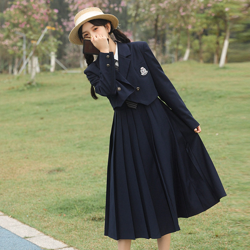 日系学院风藏青色套装女学生西装短外套白衬衫吊带百褶裙三件套
