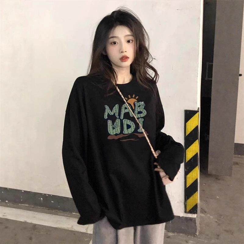 美式大码T恤女复古印花打底衫春秋宽松显瘦胖mm纯棉长袖黑色上衣