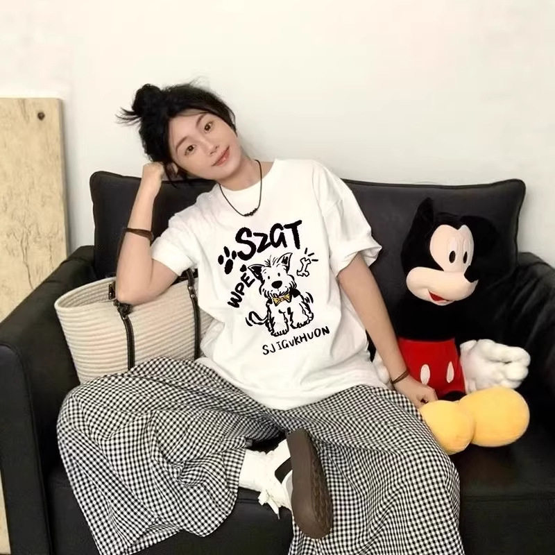 夏季白色短袖t恤女2026新款圆领狗狗印花宽松慵懒风纯棉半袖上衣