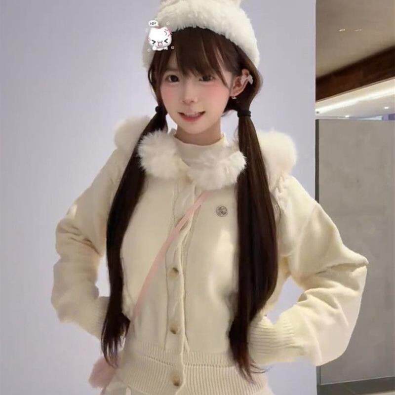 韩系慵懒风白色麻花毛领连帽外套女秋冬新款宽松显瘦针织开衫上衣