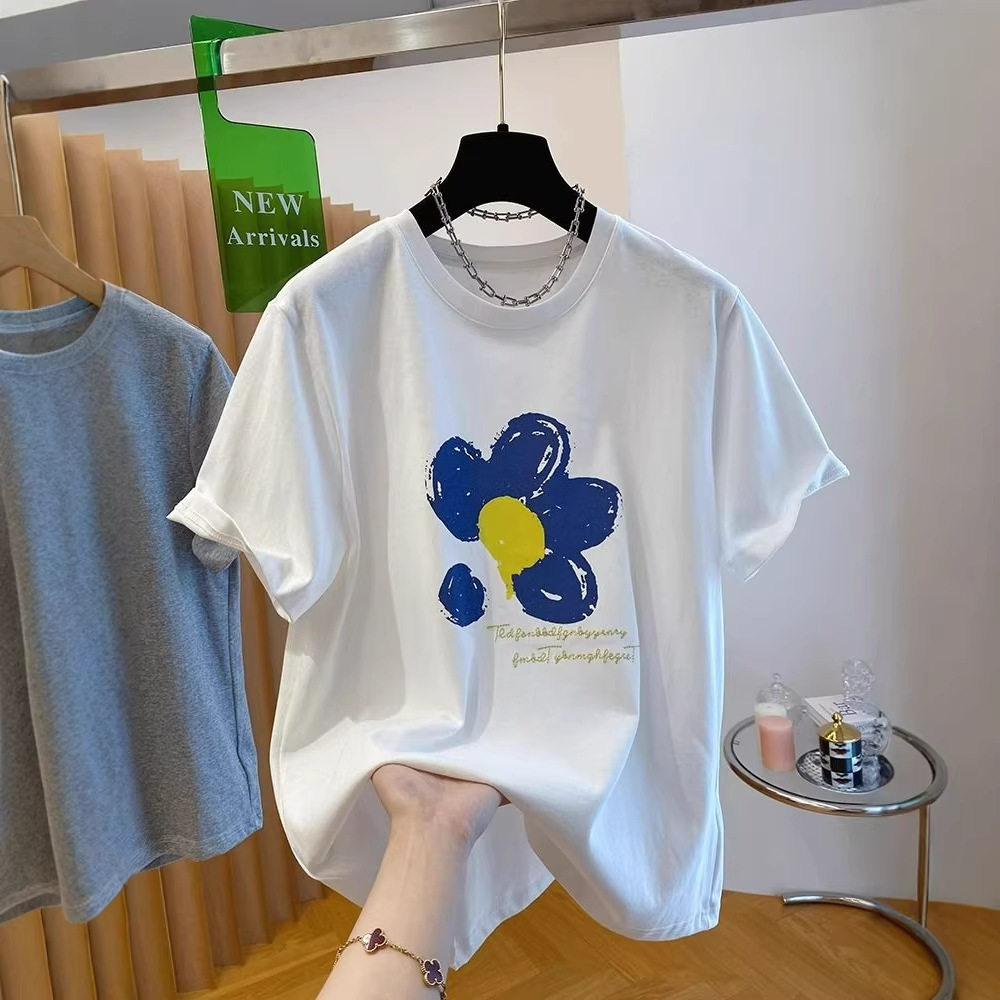 韩版复古文艺花朵印花减龄圆领纯棉短袖t恤女宽松打底衫上衣夏季