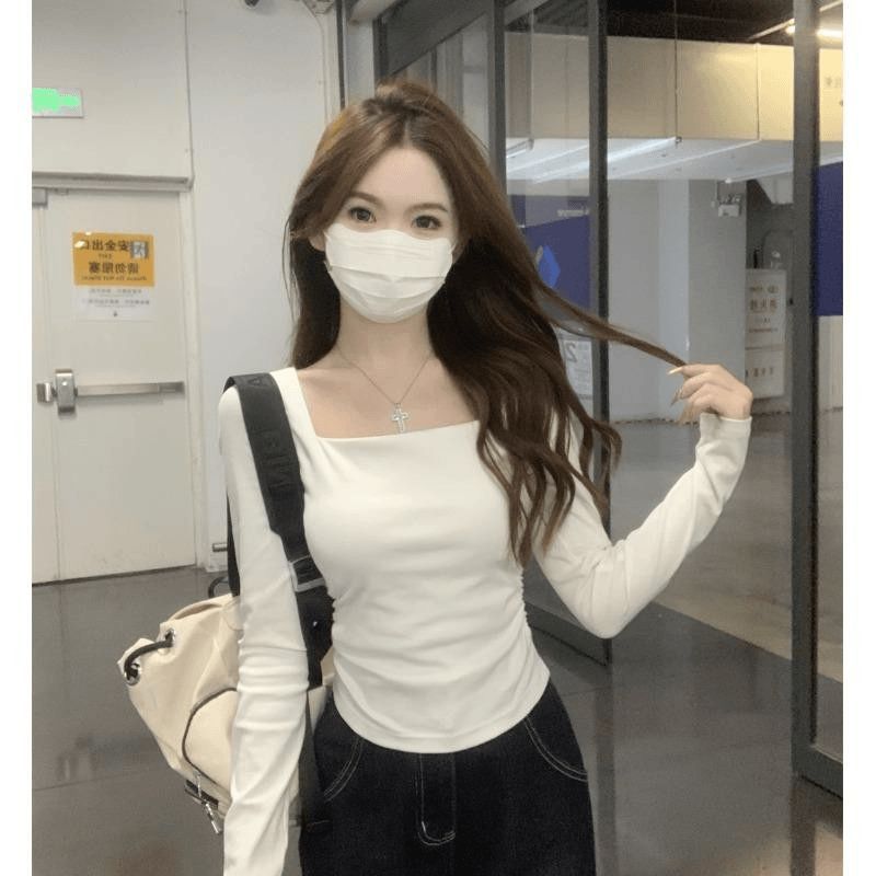 春秋韩版褶皱修身方领露锁骨长袖打底衫女白色T恤甜辣基础款上衣