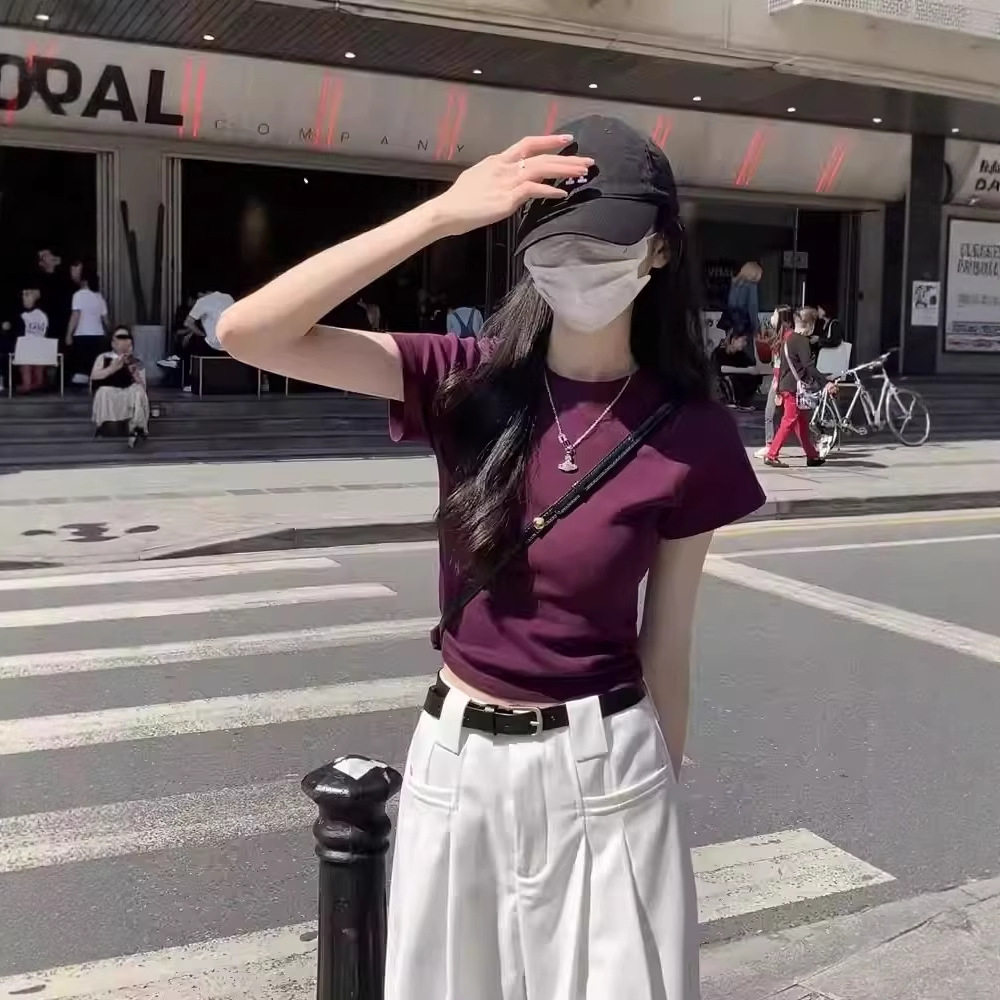 夏日多巴胺穿搭正肩深紫色t恤女短袖设计感小众修身纯棉圆领上衣