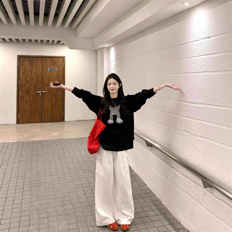 纯棉黑色长袖t恤女2025新款爆款秋冬宽松韩版慵懒风可外穿打底衫