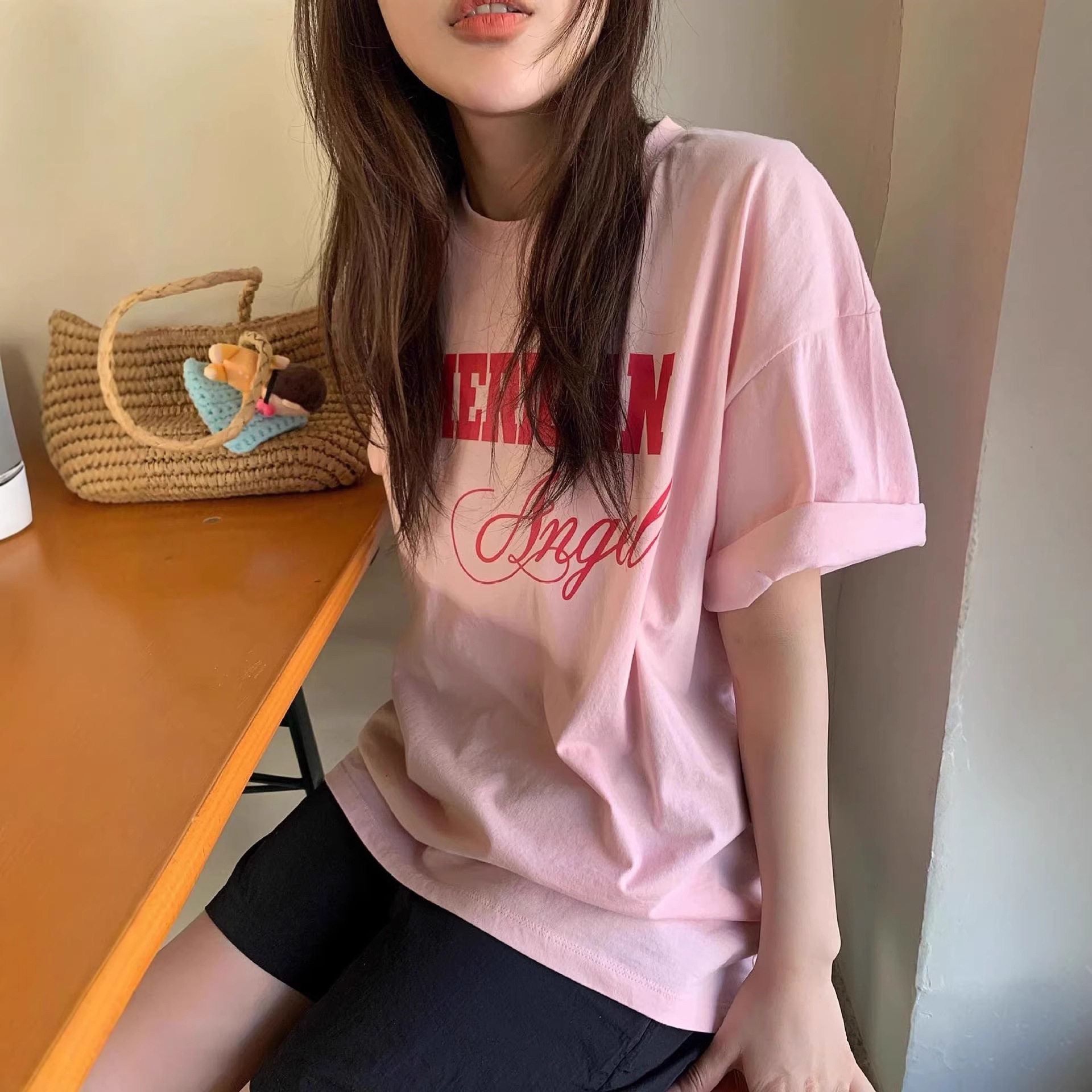 粉色短袖t恤女2026新款夏季韩版宽松字母圆领半袖纯棉上衣打底衫