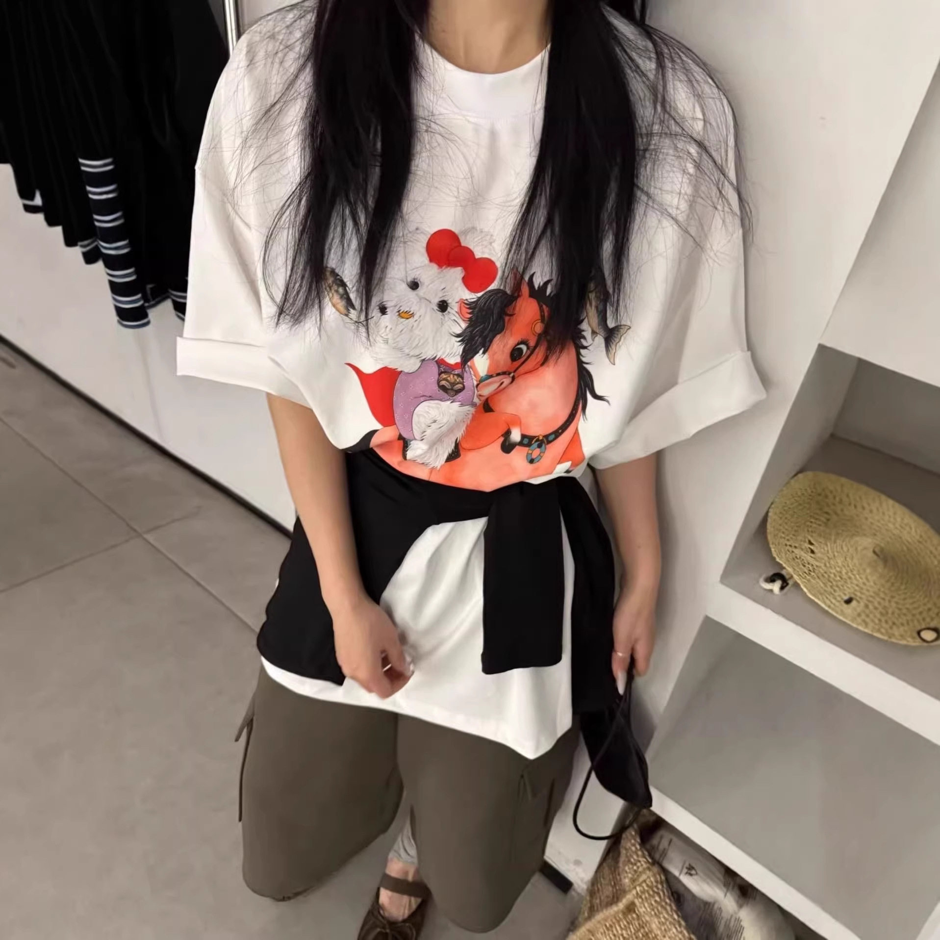 2026夏季新款可爱风卡通小马印花短袖T恤女白色圆领宽松减龄上衣