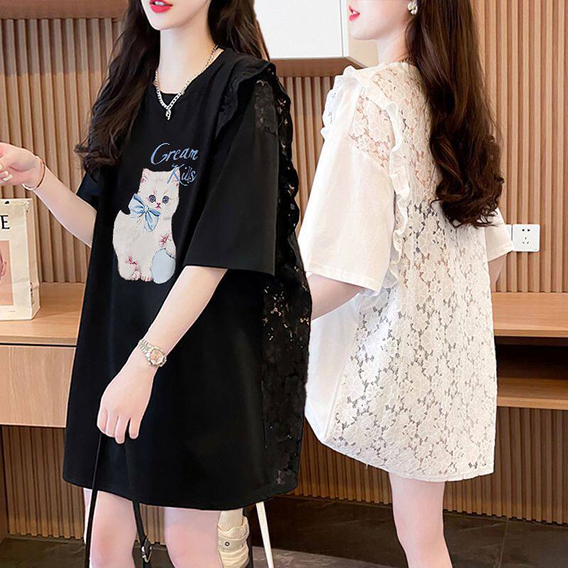 夏季韩版中长款短袖t恤女装大码镂空设计感小众漂亮时尚蕾丝上衣