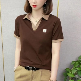 翻领休闲polo衫 时尚 短袖 拼接拼色妈妈装 减龄高档宽松显 2025夏新款