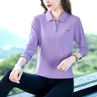 休闲打 新款 印花纯色女士气质翻领polo衫 女妈妈长袖 t恤2025春秋季