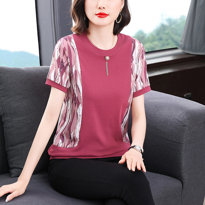 妈妈圆领印花拼接短袖T恤女夏宽松中年妇女夏装t血小个子短款胖mm