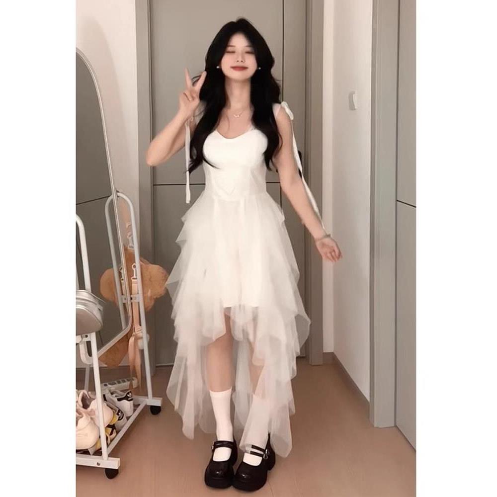 法式重工白色仙女裙网纱公主裙女夏季新款蕾丝吊带连衣裙生日礼裙