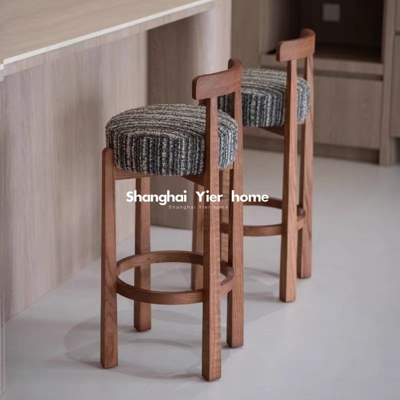 中古实木家用吧台椅复古设计师高脚椅吧台凳极简轻奢前台接待吧椅