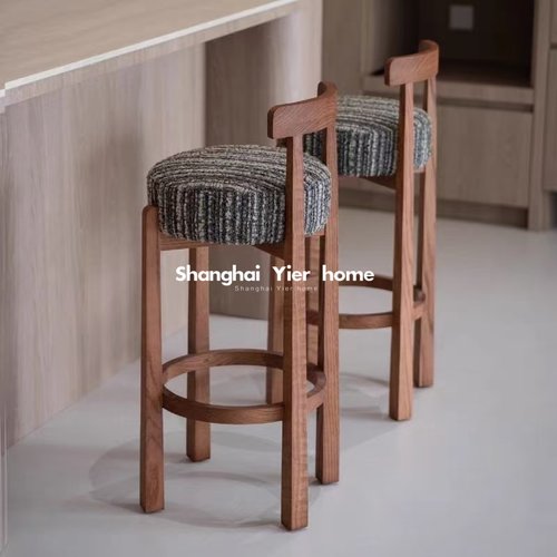 中古实木家用吧台椅复古设计师高脚椅吧台凳极简轻奢前台接待吧椅