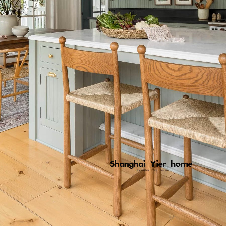 复古藤编椅餐椅家用简约绳编吧台椅岛台椅中古设计师高脚凳侘寂风