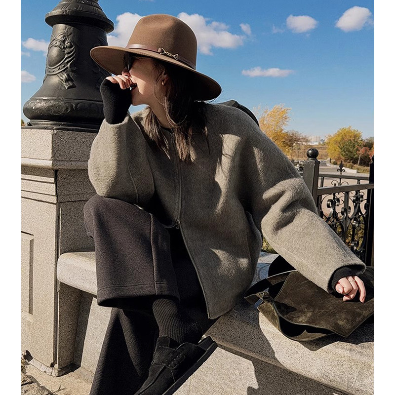 100%羊毛双面呢短款外套女圆领拉链宽松显瘦毛呢大衣2025秋冬新款