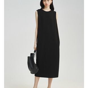 三醋纤中长款连衣裙H型圆领无袖裙宽松显瘦开叉纯色高级感慵懒风