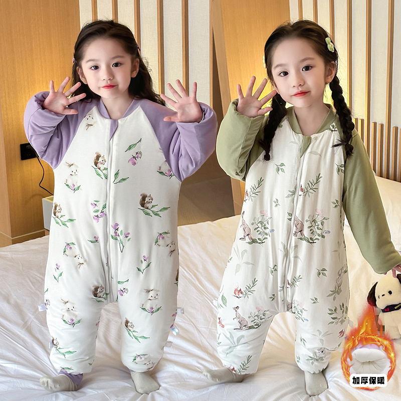 儿童薄棉包脚睡袋秋冬款男女宝宝纯棉加厚保暖防踢被夹棉连体睡衣