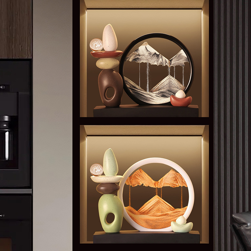 新款时来运转3D流沙画创意摆件办公室酒柜山水画沙漏客厅桌面装饰