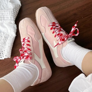 samba鞋带阿迪的训鞋T头鞋装饰珍珠鞋扣挂件粉米丝绸复古红色扁绳