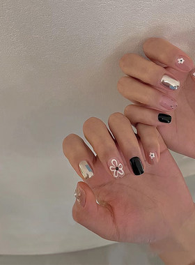 手工穿戴美甲韩系黑白五彩小花可爱短款拆卸显白感成品 BA277