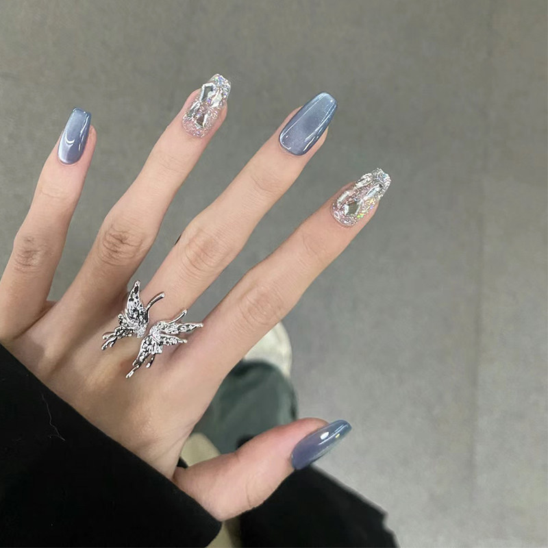 手工穿戴甲爆闪贴钻雾霾蓝猫眼