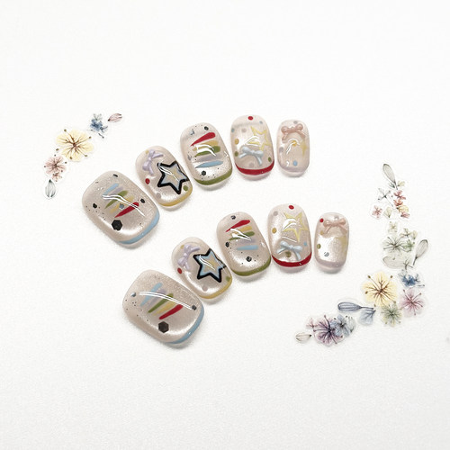 纯手工穿戴甲2026爆款卡马龙彩虹可爱日常短款显白高级感美甲 903