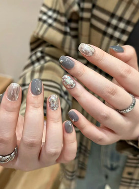 纯手工穿戴甲星空灰猫眼简约显白亮片ins感成品美甲贴片BA268