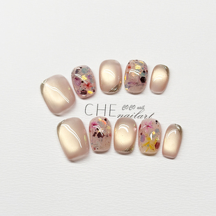 2025新款纯手工穿戴甲春日温柔干花玻璃珠短款显白高级感美甲 538