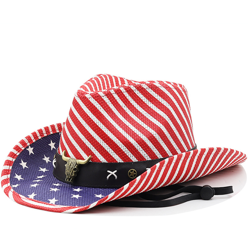 草帽Western Cowboy Hat New美国国旗西部巴拿马牛仔usa帽子水兵