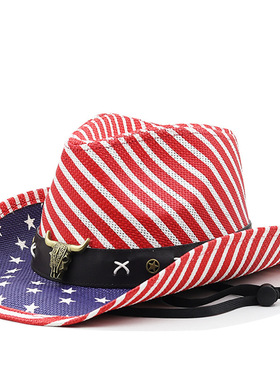 草帽Western Cowboy Hat New美国国旗西部巴拿马牛仔usa帽子水兵